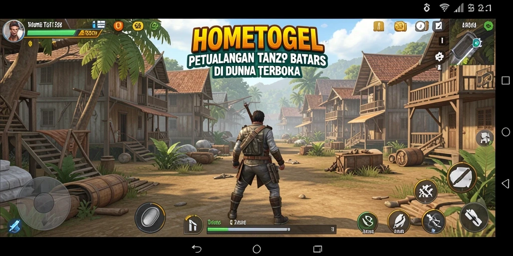 Screenshot utama HOMETOGEL menampilkan aksi seru di dunia terbuka.
