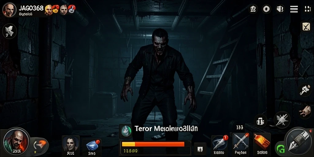Screenshot menampilkan gameplay menegangkan dalam kegelapan.