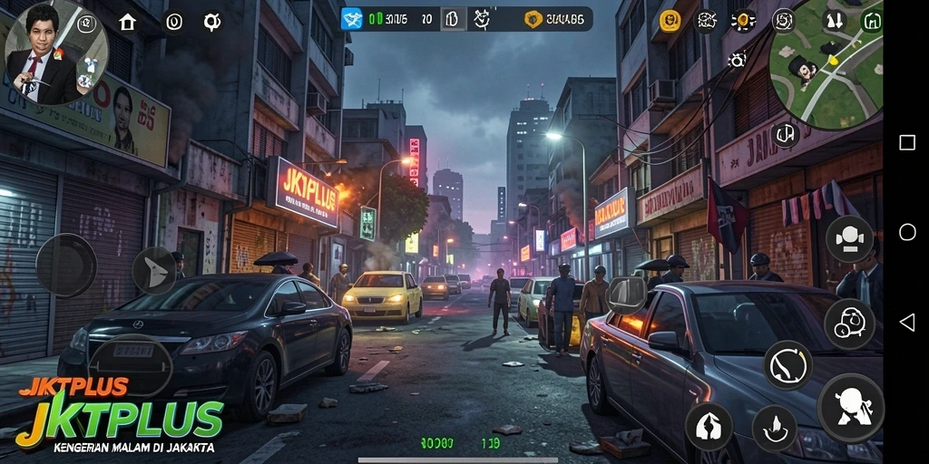 Screenshot menakutkan dari gameplay JKTPLUS di Jakarta yang gelap.