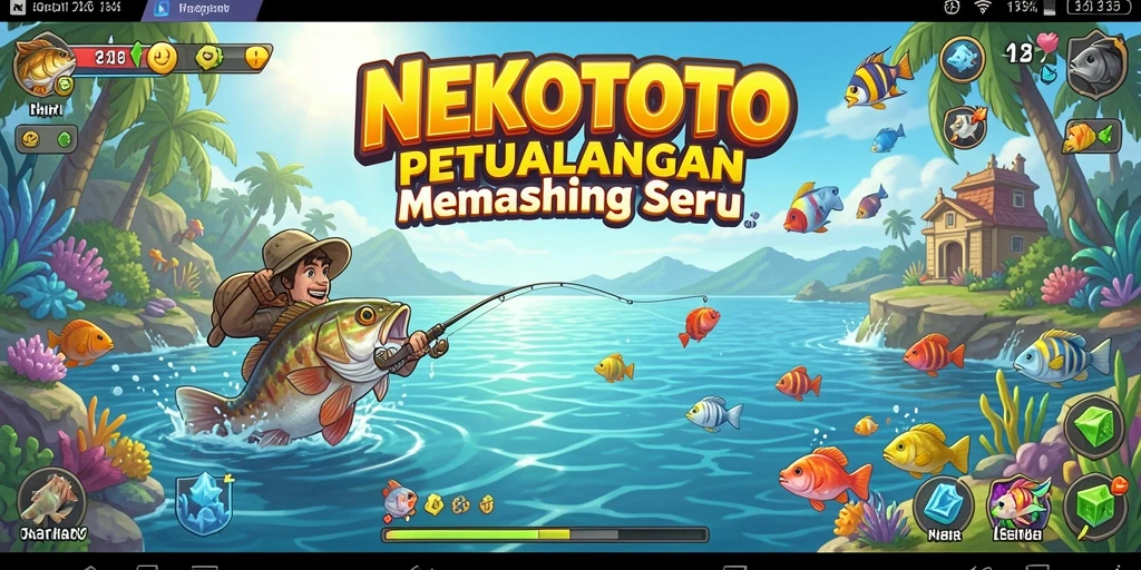 Tampilan gameplay NEKOTOTO yang menampilkan suasana memancing yang indah.