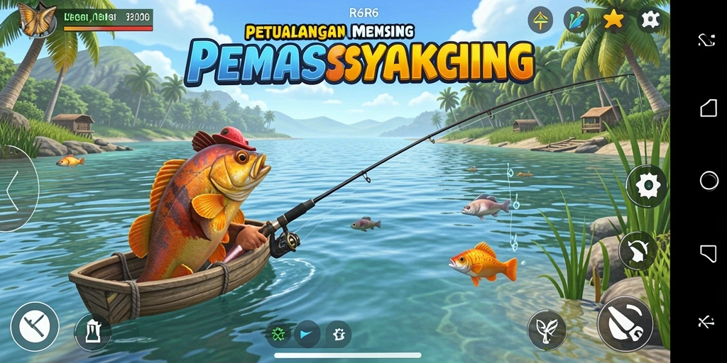 Tampilan gameplay R6R6 saat menangkap ikan di danau yang tenang.