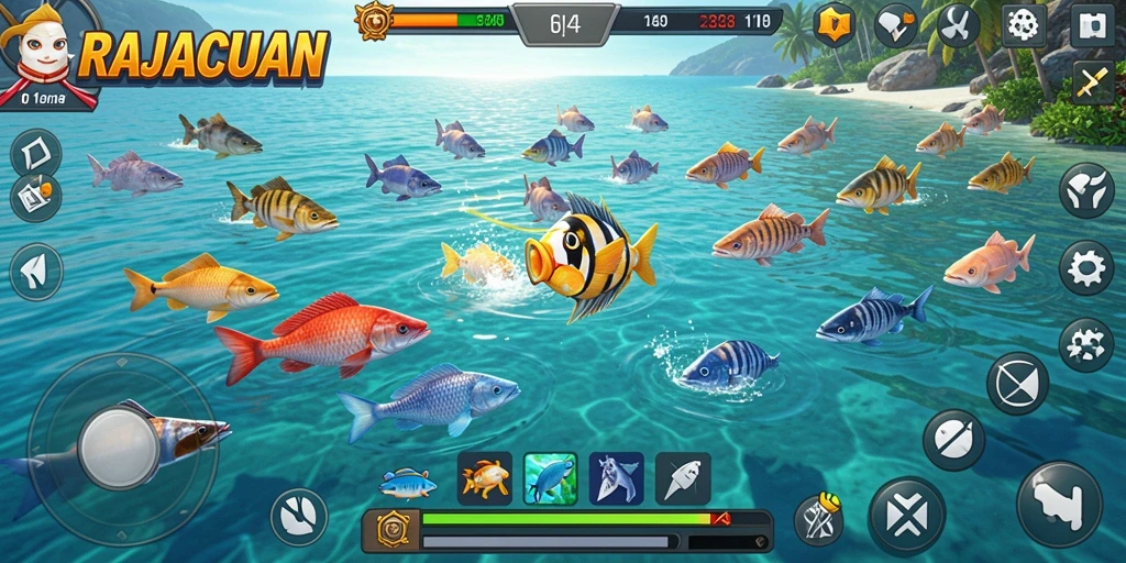 Gameplay seru di RAJACUAN dengan banyak ikan untuk ditembak.