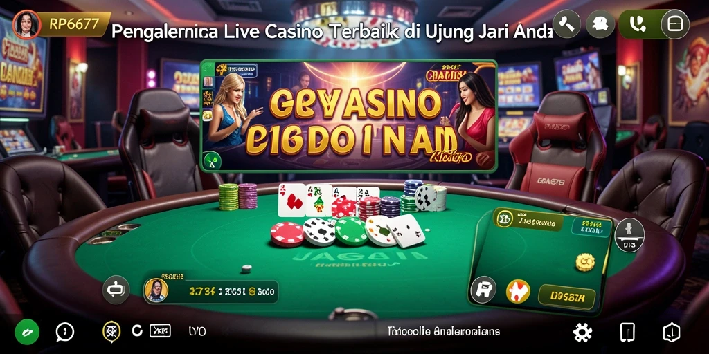 Screenshot gameplay RP6677 menunjukkan dealer live dan pemain interaktif.