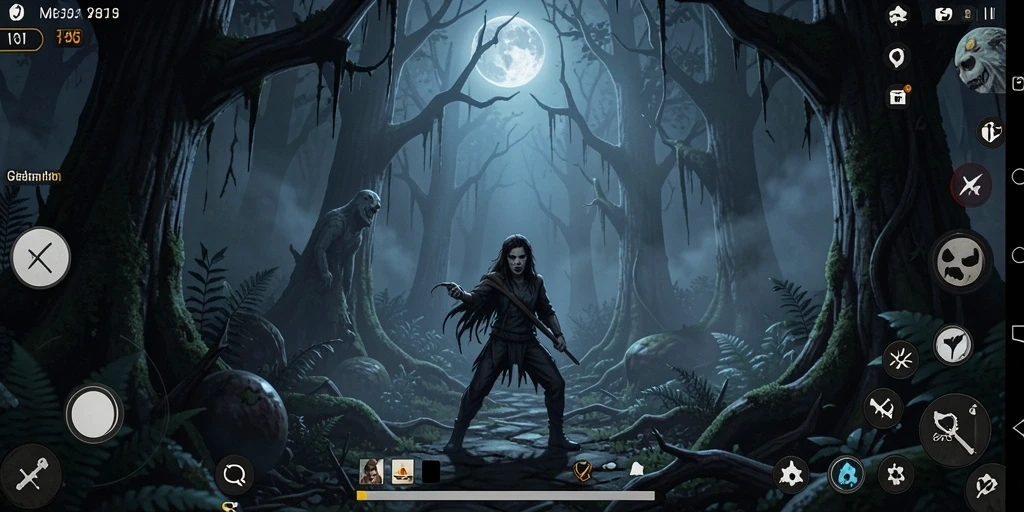 Tangkapan layar V21 menunjukkan gameplay yang menegangkan di hutan misterius.